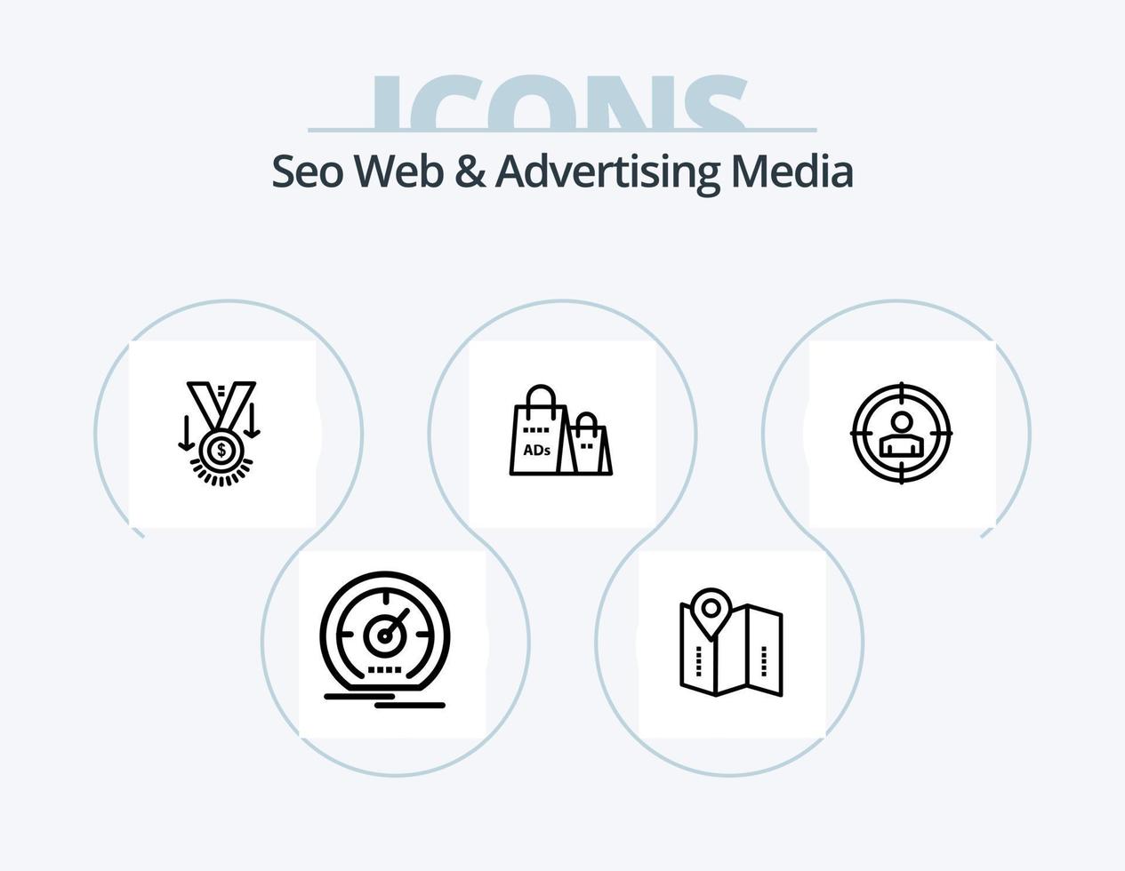 seo web y publicidad medios de comunicación línea icono paquete 5 5 icono diseño. surgir. SMS. disposición. objetivo vector