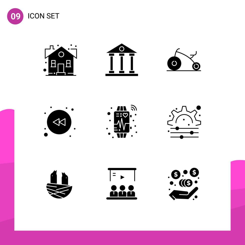 Group of 9 Solid Glyphs Signs and Symbols for smart rewind finance and business left infant Editable Vector Design Elements