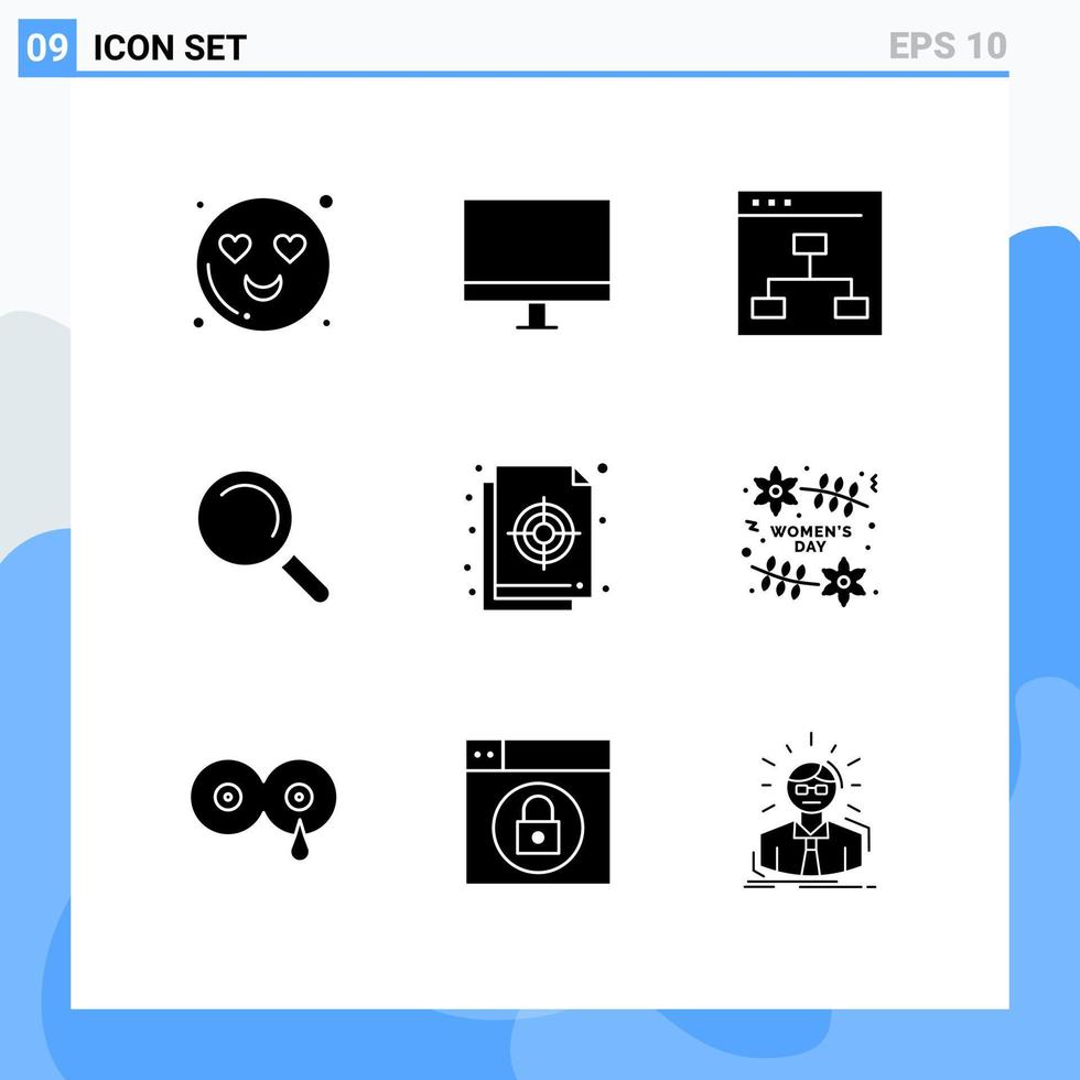 Universal Icon Symbols Group of 9 Modern Solid Glyphs of colour view browser search team Editable Vector Design Elements
