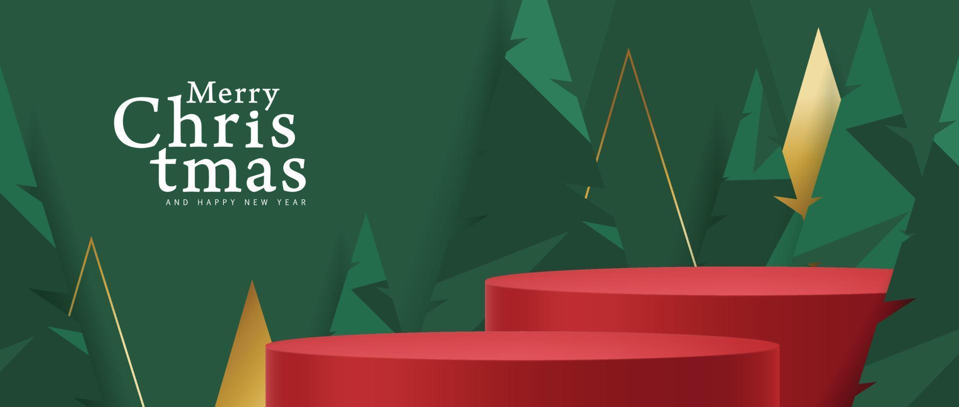 banner de navidad con pantalla de producto rojo y fondo abstracto de árbol de navidad vector