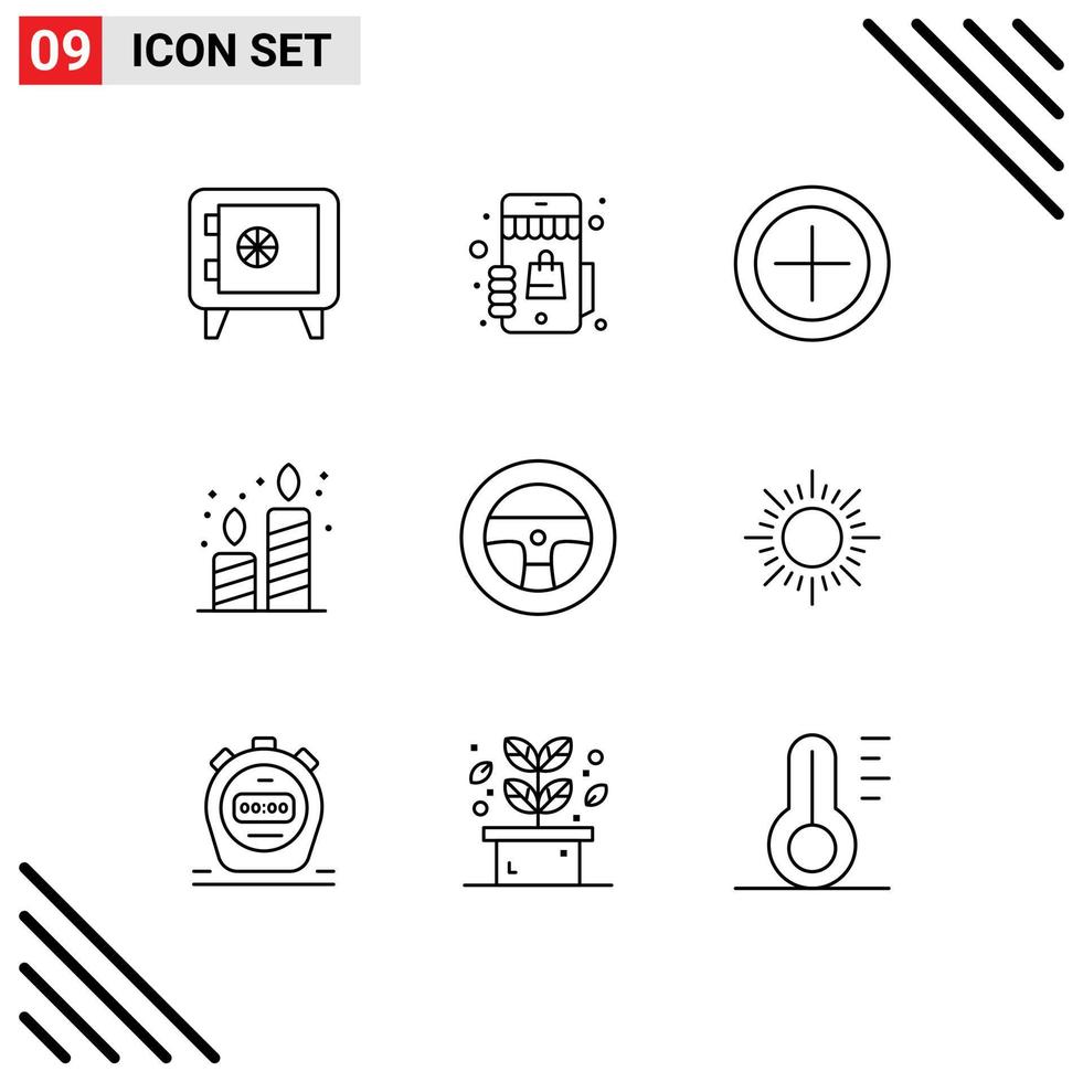 Group of 9 Modern Outlines Set for sun vehicles money steering candles Editable Vector Design Elements