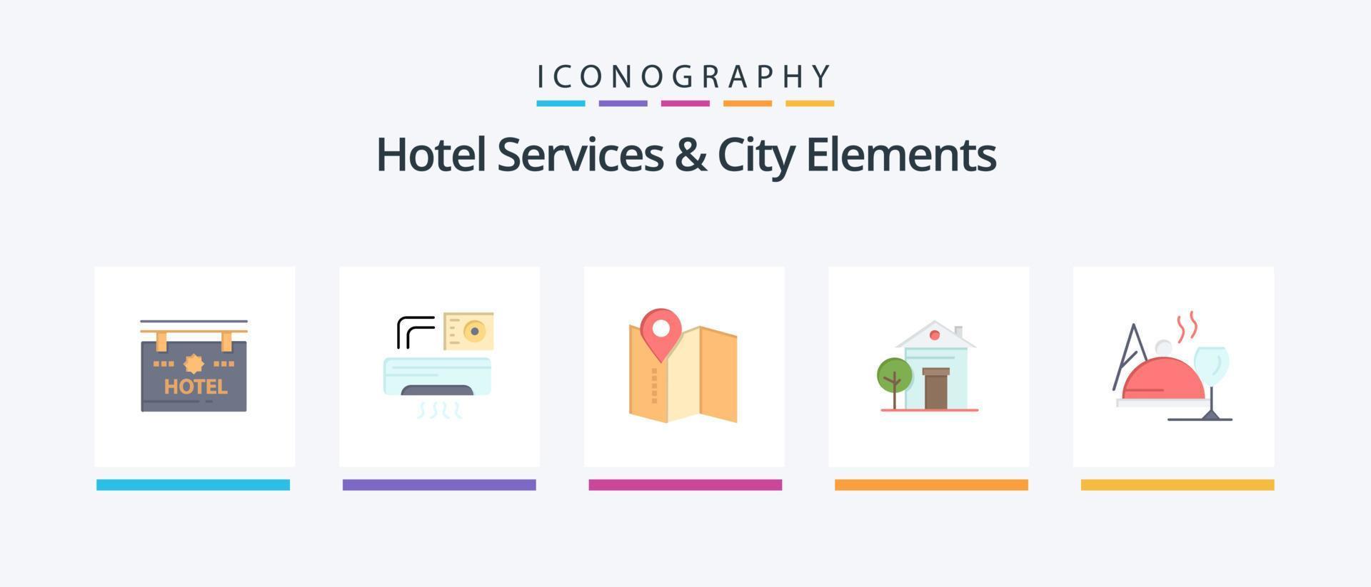 Hotel Services And City Elements Flat 5 Icon Pack Including food. hotel . location. hotel. home. Creative Icons Design vector