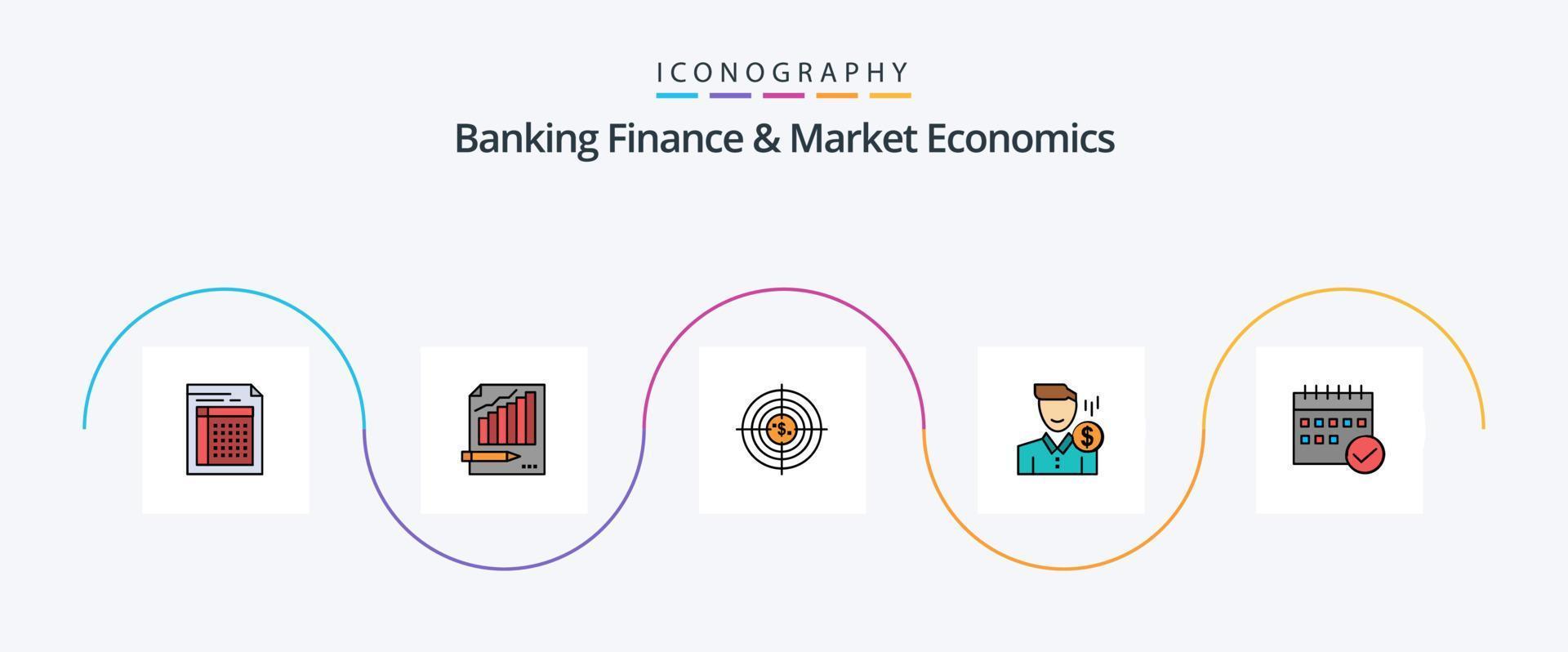 Banking Finance And Market Economics Line Filled Flat 5 Icon Pack Including business. target. statistics. market. chart vector