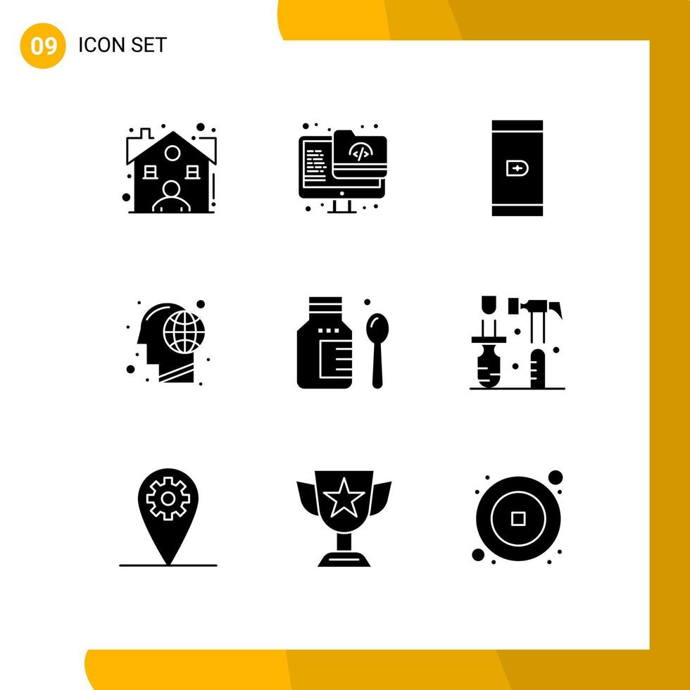 Set of 9 Vector Solid Glyphs on Grid for hospital mind cashless human global Editable Vector Design Elements