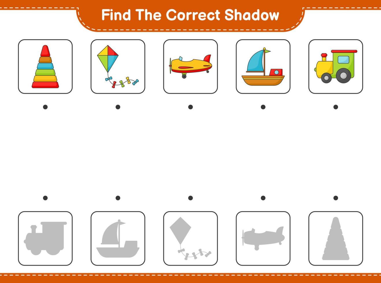 Find the correct shadow. Find and match the correct shadow of Pyramid Toy, Train, Kite, Plane, and Boat. Educational children game, printable worksheet, vector illustration