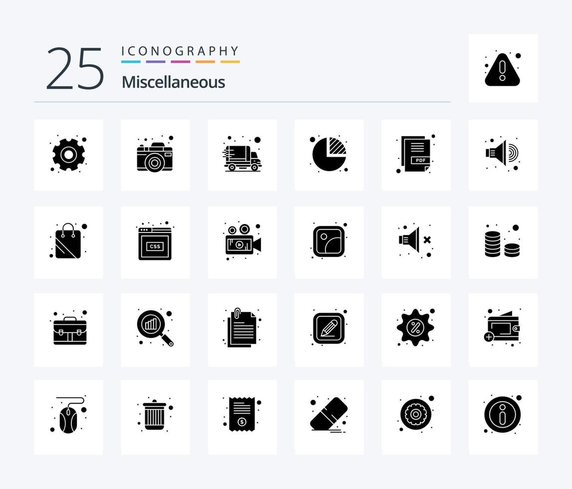 Miscellaneous 25 Solid Glyph icon pack including pdf. delivery. statistics. chart vector