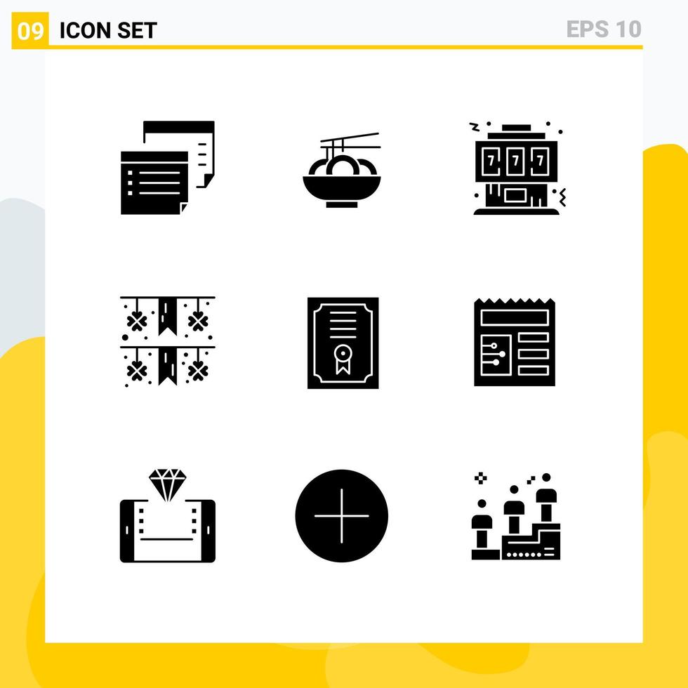 Editable Vector Line Pack of 9 Simple Solid Glyphs of certificate garland chinese festival joystick Editable Vector Design Elements