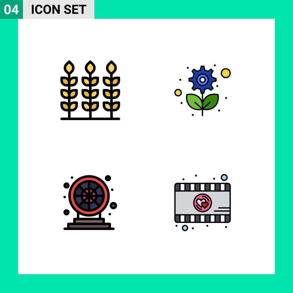 4 Universal Filledline Flat Colors Set for Web and Mobile Applications wheat game recycling gear romantic movie Editable Vector Design Elements