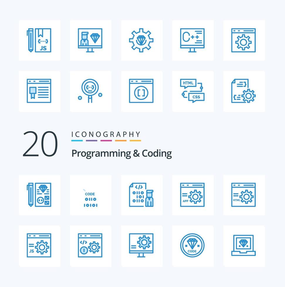 20 programación y codificación azul color icono paquete me gusta desarrollar navegador desarrollo programación desarrollo vector