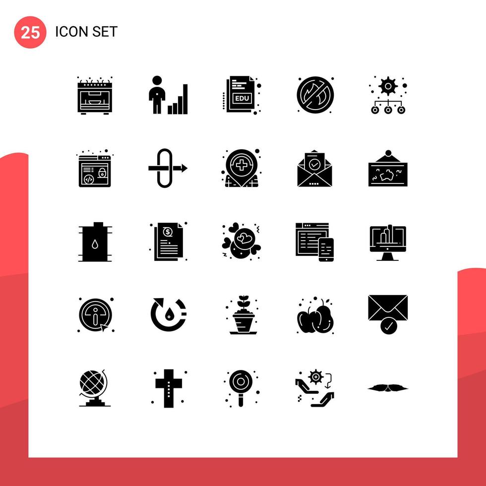 Pack of 25 creative Solid Glyphs of settings hierarchy book place fire Editable Vector Design Elements