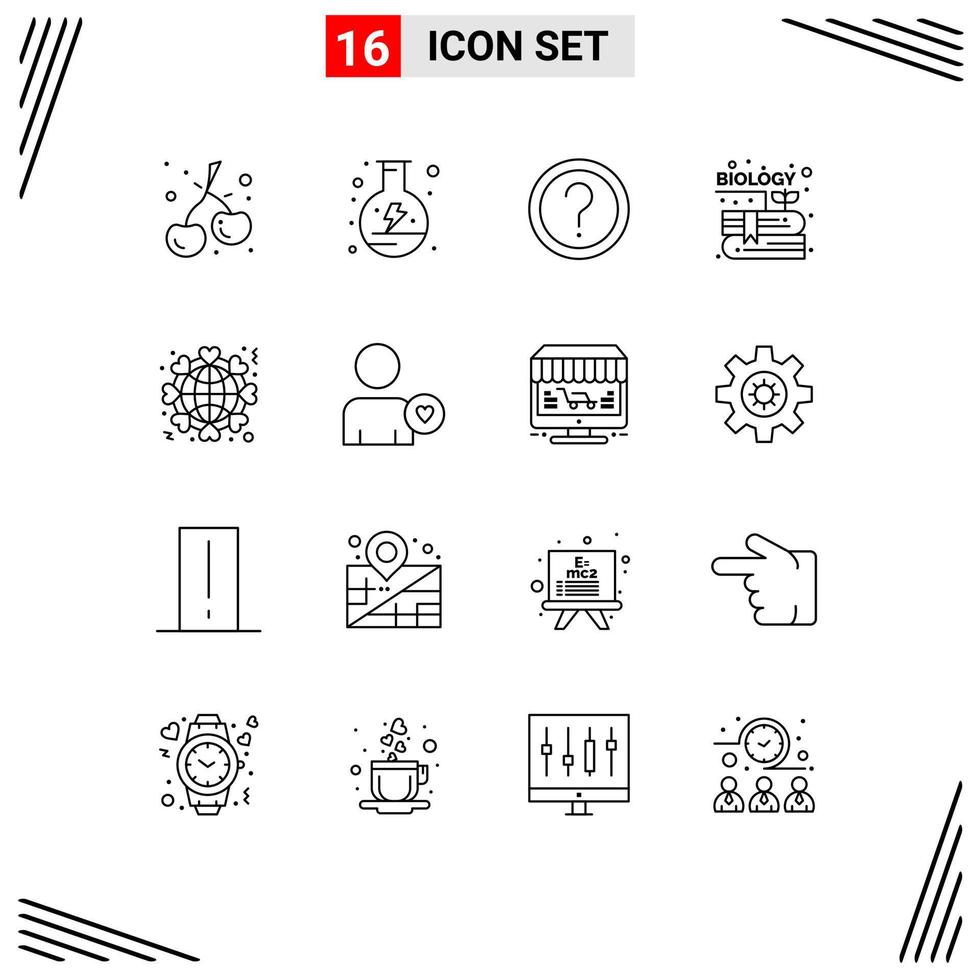 Pack of 16 Modern Outlines Signs and Symbols for Web Print Media such as heart knowledge faq garden book Editable Vector Design Elements
