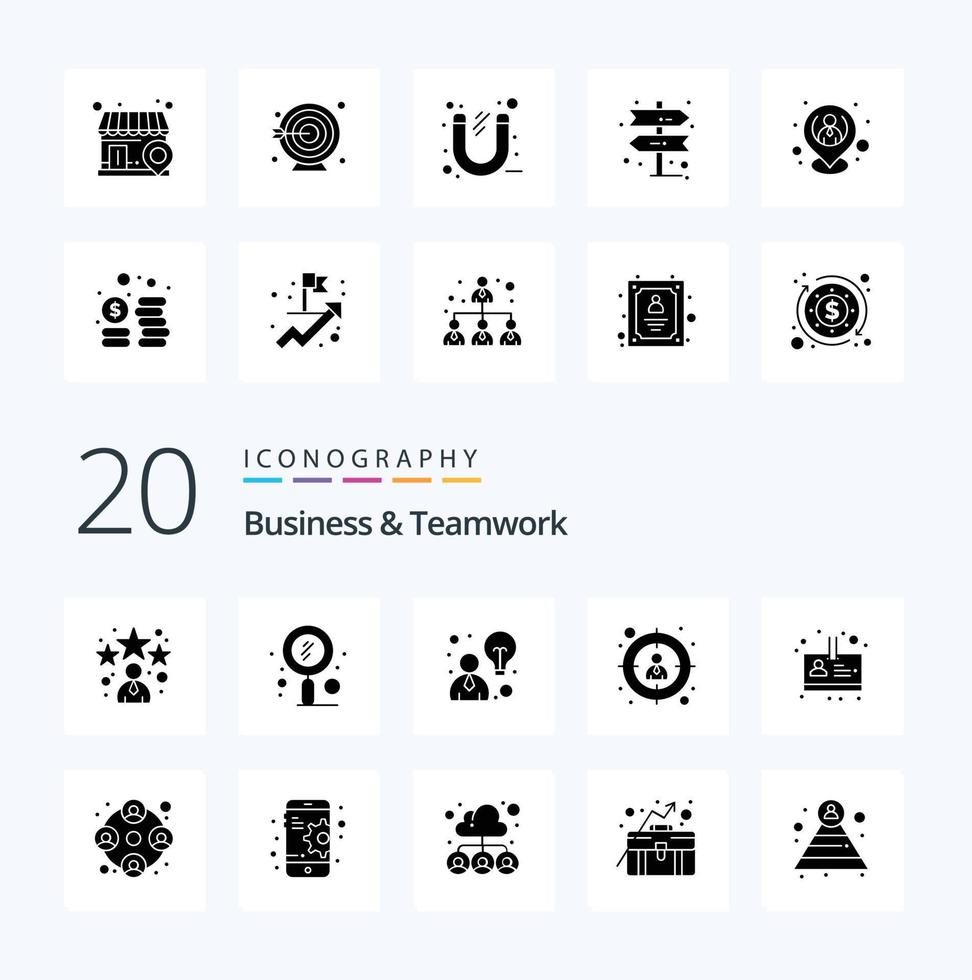 20 Business And Teamwork Solid Glyph icon Pack like person employee zoom target employee vector