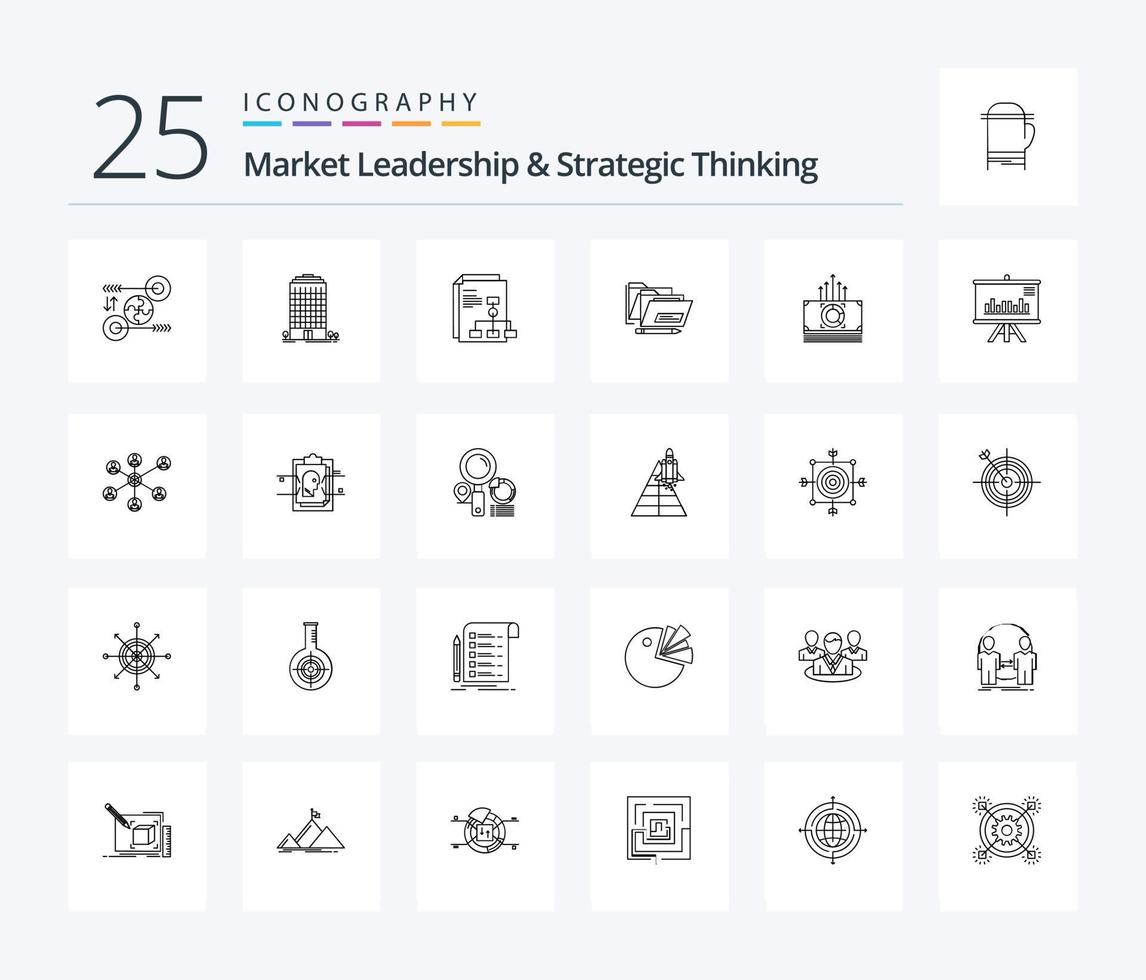 Market Leadership And Strategic Thinking 25 Line icon pack including money. date. space. folder. report vector