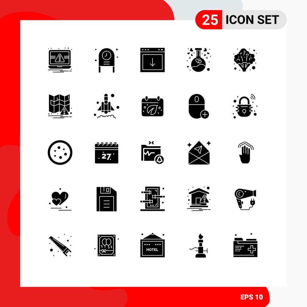 Solid Glyph Pack of 25 Universal Symbols of broccoli heart app flask south Editable Vector Design Elements