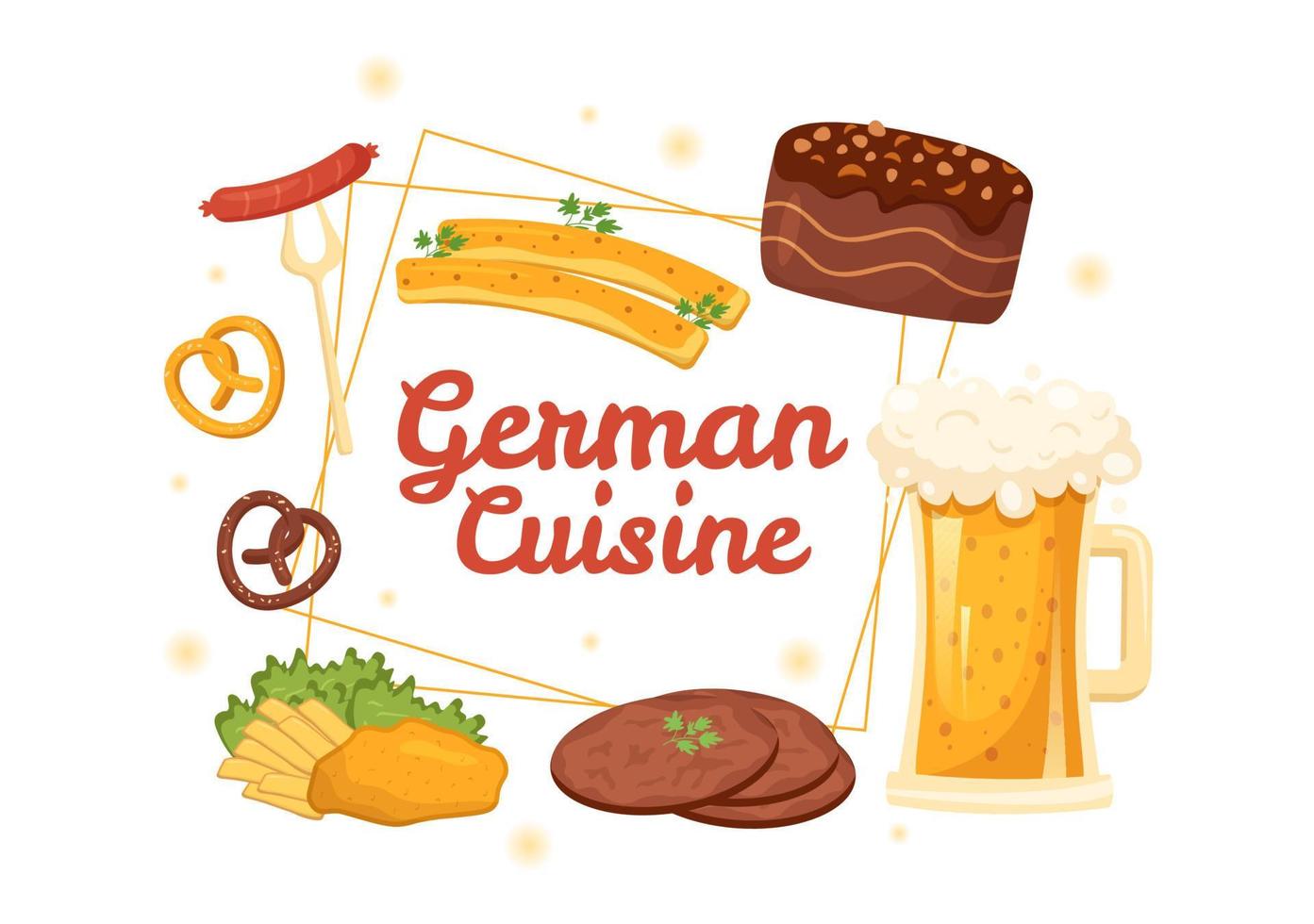 restaurante de comida alemana con una colección de deliciosa cocina tradicional y bebidas en dibujos animados planos dibujados a mano ilustración de plantillas vector
