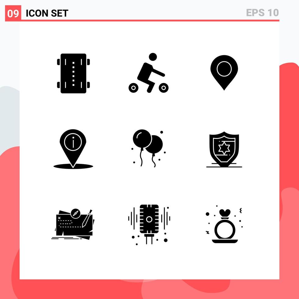 9 User Interface Solid Glyph Pack of modern Signs and Symbols of balloon place transport navigation world Editable Vector Design Elements