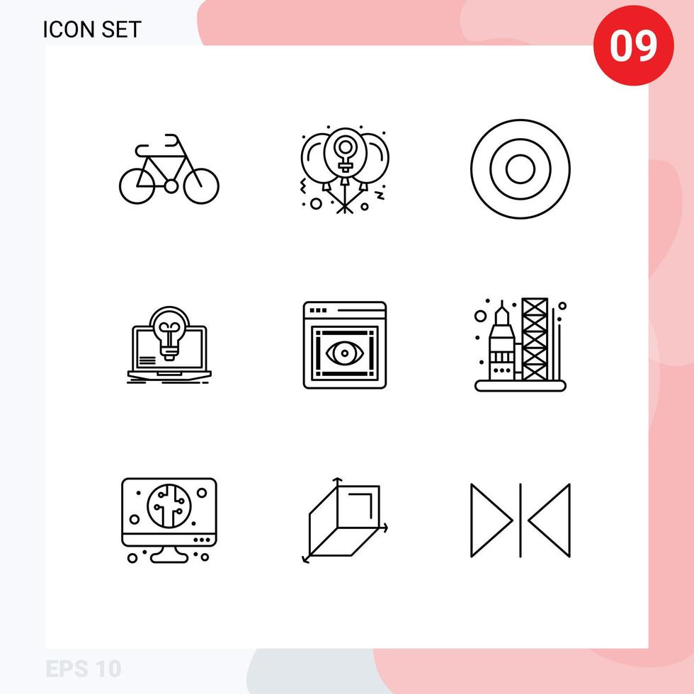 Set of 9 Modern UI Icons Symbols Signs for eye screen gold laptop bulb Editable Vector Design Elements