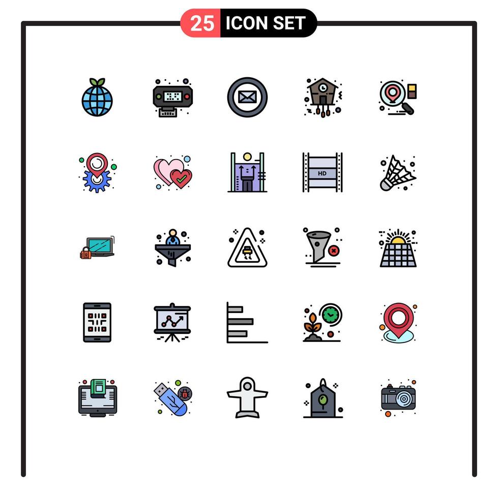 Pack of 25 Modern Filled line Flat Colors Signs and Symbols for Web Print Media such as gear search chat location timepiece Editable Vector Design Elements