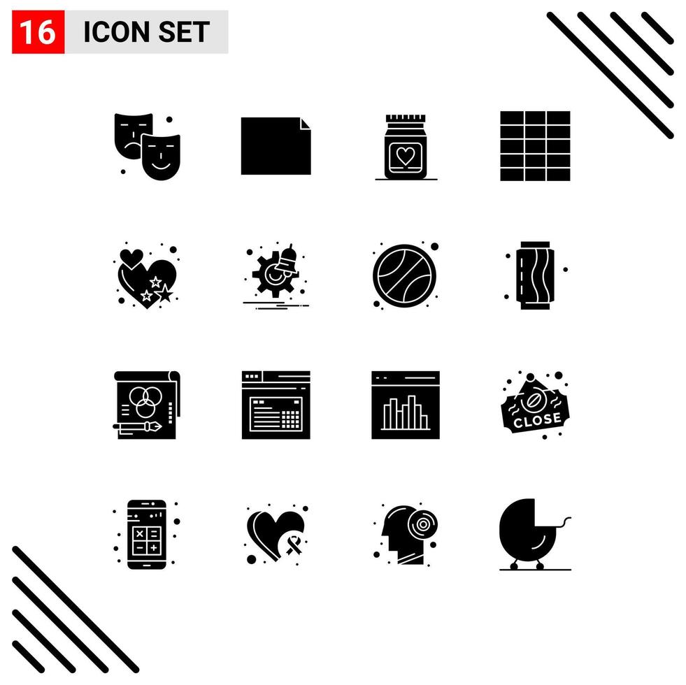 Pack of 16 Modern Solid Glyphs Signs and Symbols for Web Print Media such as options heart love rate wireframe Editable Vector Design Elements