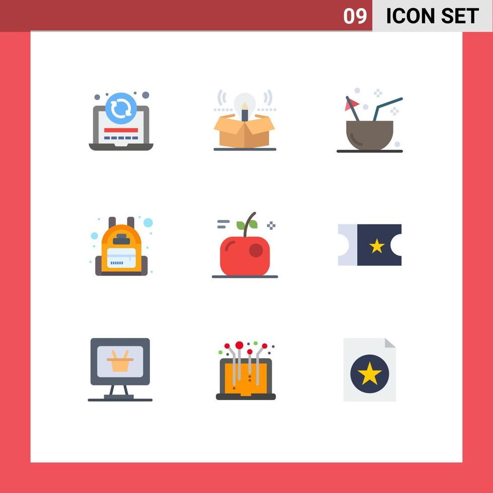Mobile Interface Flat Color Set of 9 Pictograms of apple bag solution backpack summer Editable Vector Design Elements