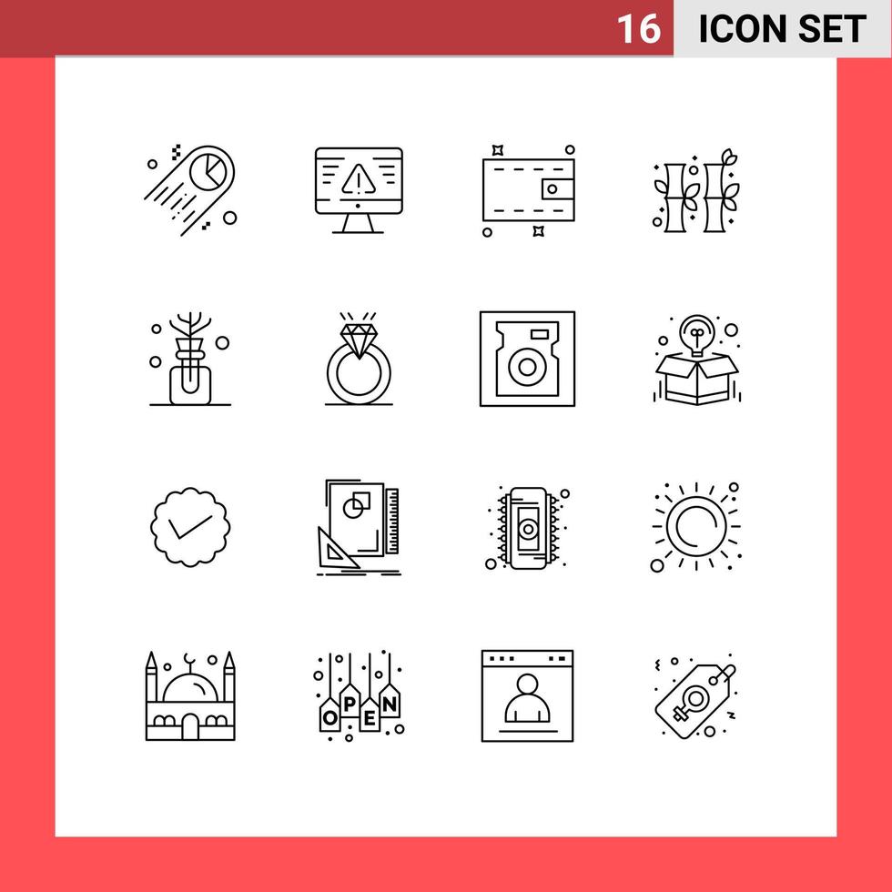 16 User Interface Outline Pack of modern Signs and Symbols of bottle spa aroma wallet gree china Editable Vector Design Elements