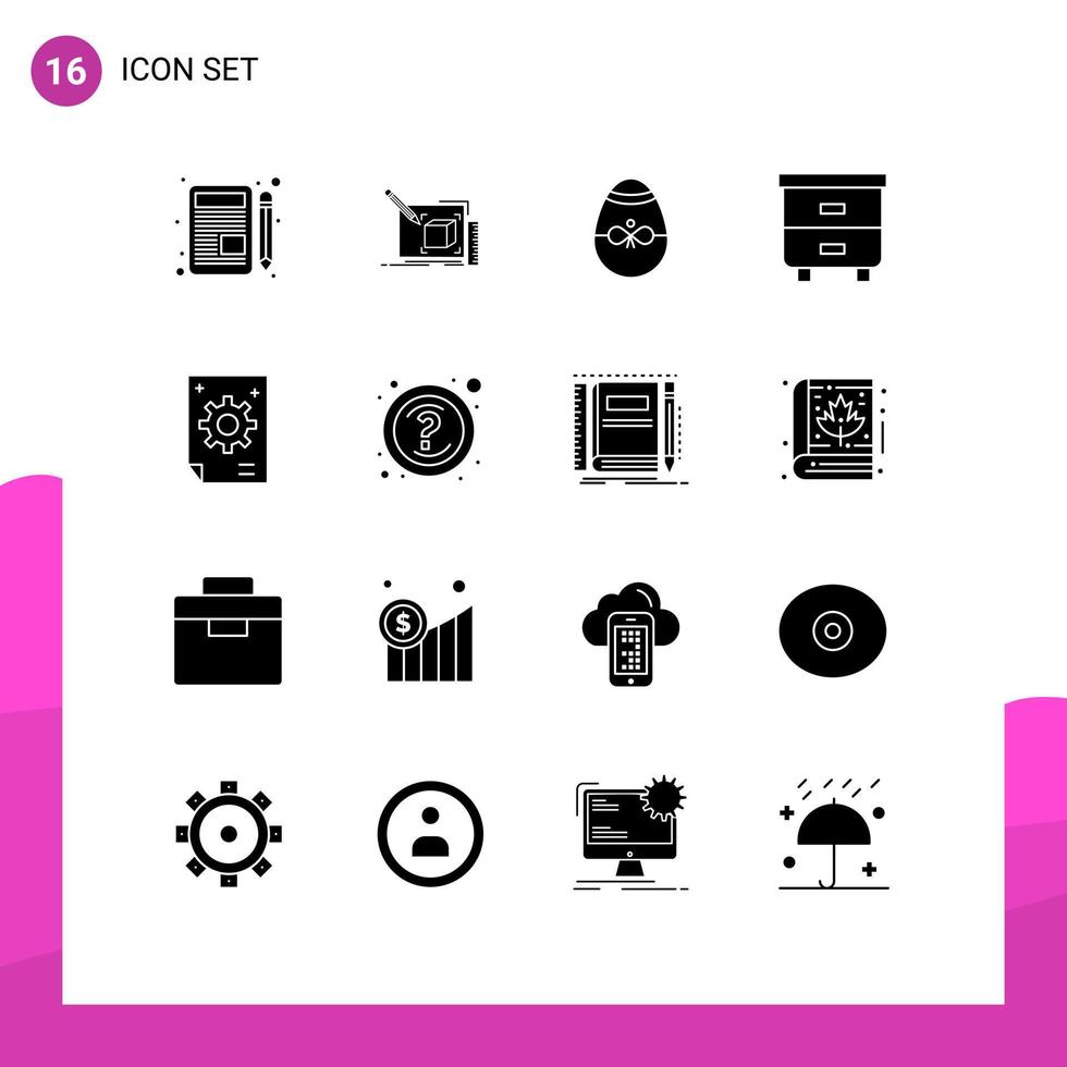 Mobile Interface Solid Glyph Set of 16 Pictograms of interior drawer pencil decor easter Editable Vector Design Elements