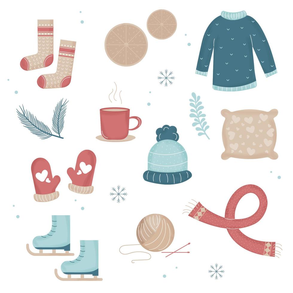 A collection of winter elements. Hygge style. Vector