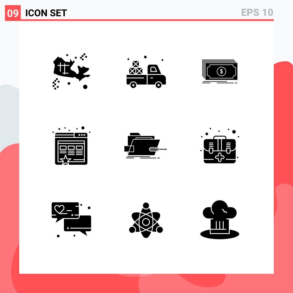 Modern Set of 9 Solid Glyphs Pictograph of skrewdriver box money marketing bookmark Editable Vector Design Elements
