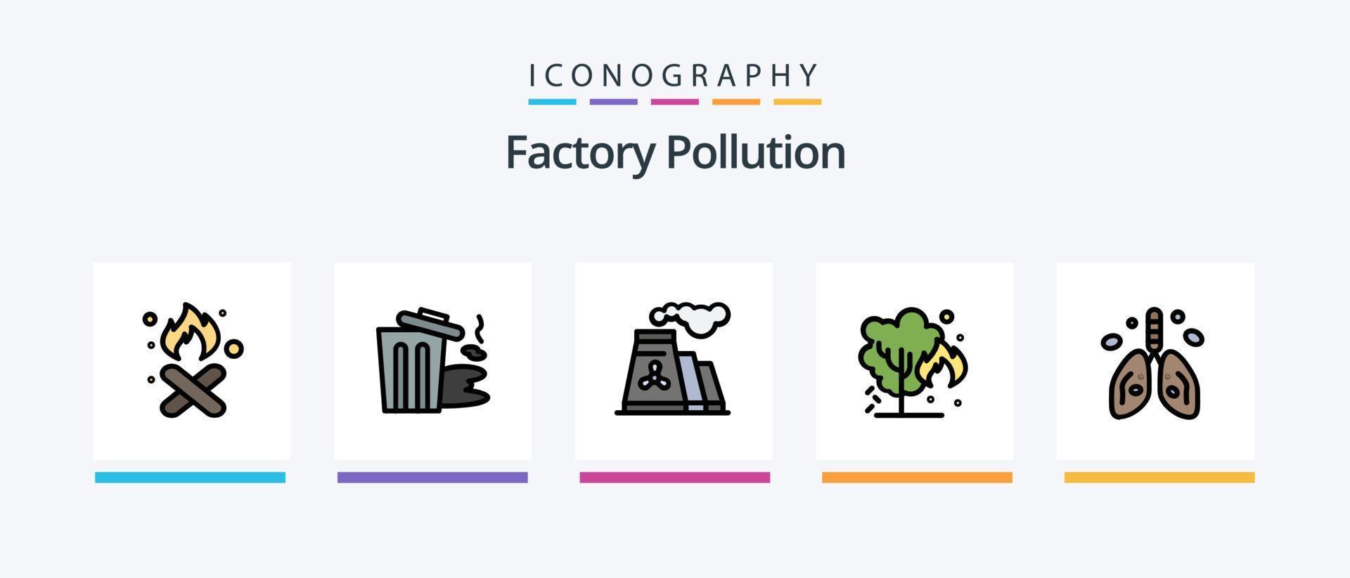 fábrica contaminación línea lleno 5 5 icono paquete incluso contaminación. fuego. basura. quemar. verde. creativo íconos diseño vector