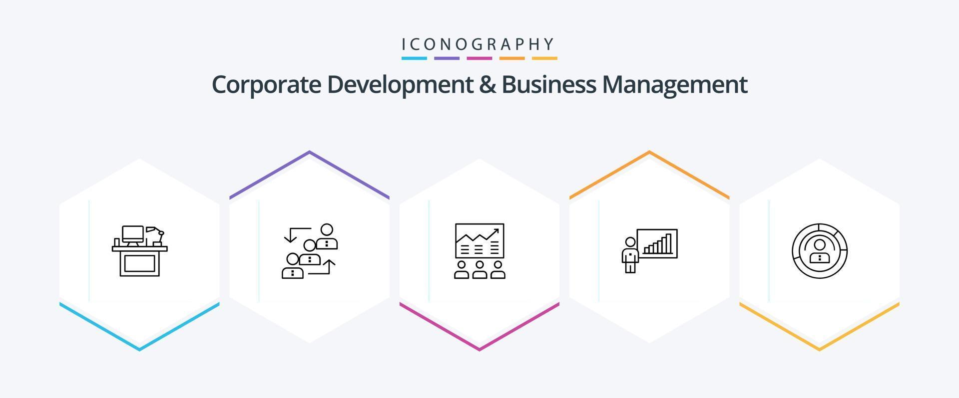 Corporate Development And Business Management 25 Line icon pack including chart. arrow. advancement. team. staff vector