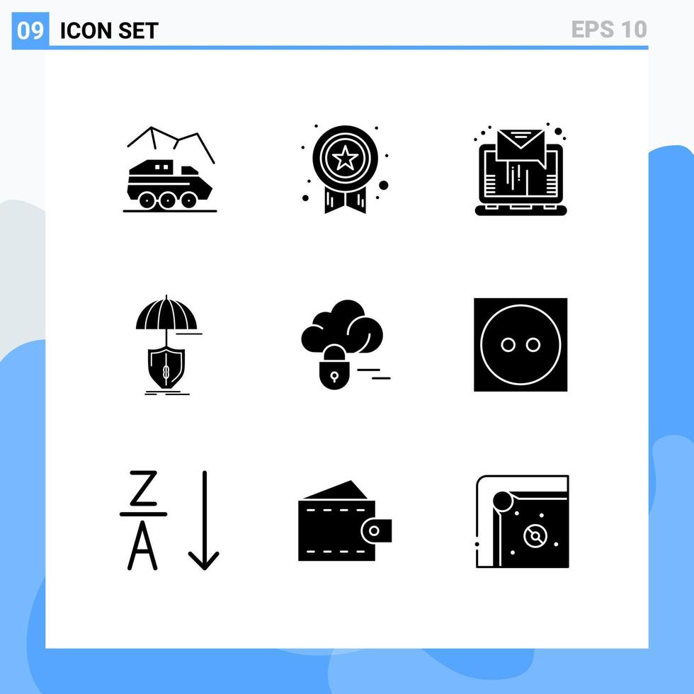 Mobile Interface Solid Glyph Set of 9 Pictograms of shield safety success protection sending Editable Vector Design Elements