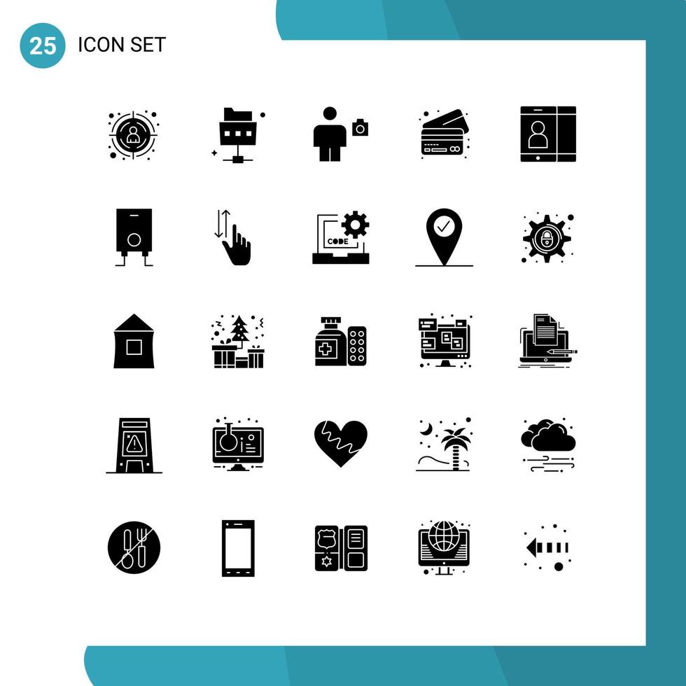 Set of 25 Commercial Solid Glyphs pack for boiler cell camera mobile cards Editable Vector Design Elements