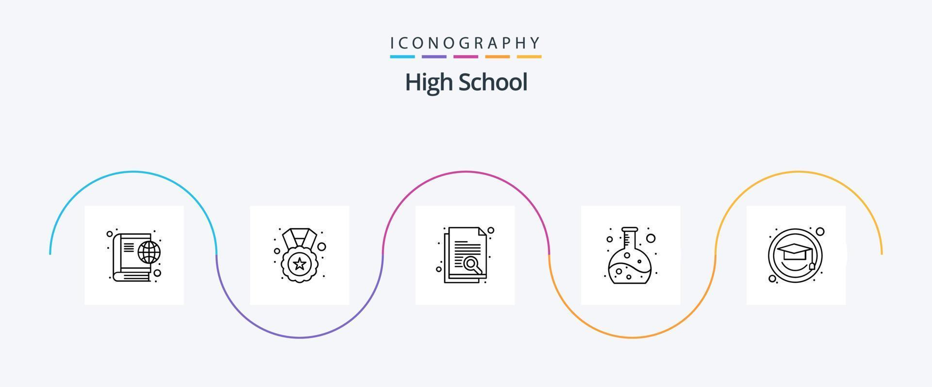 High School Line 5 Icon Pack Including graduation cap. education. document. flask. chemistry vector