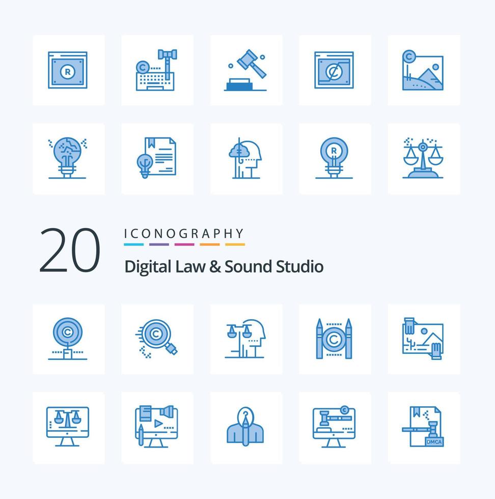 20 digital ley y sonido estudio azul color icono paquete me gusta imagen distribución juicio contribución derechos de autor vector