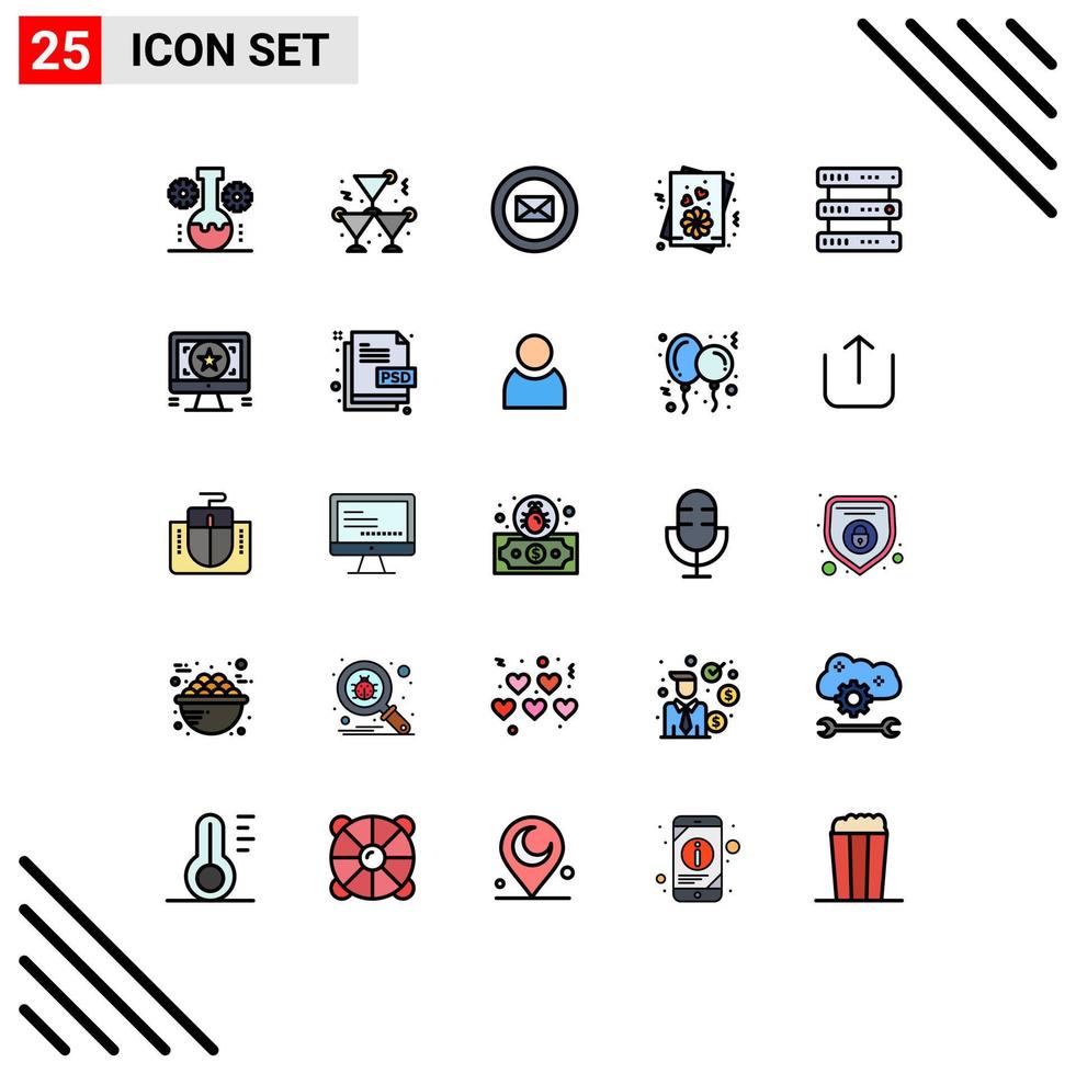Pictogram Set of 25 Simple Filled line Flat Colors of multimedia database wine valentine card Editable Vector Design Elements