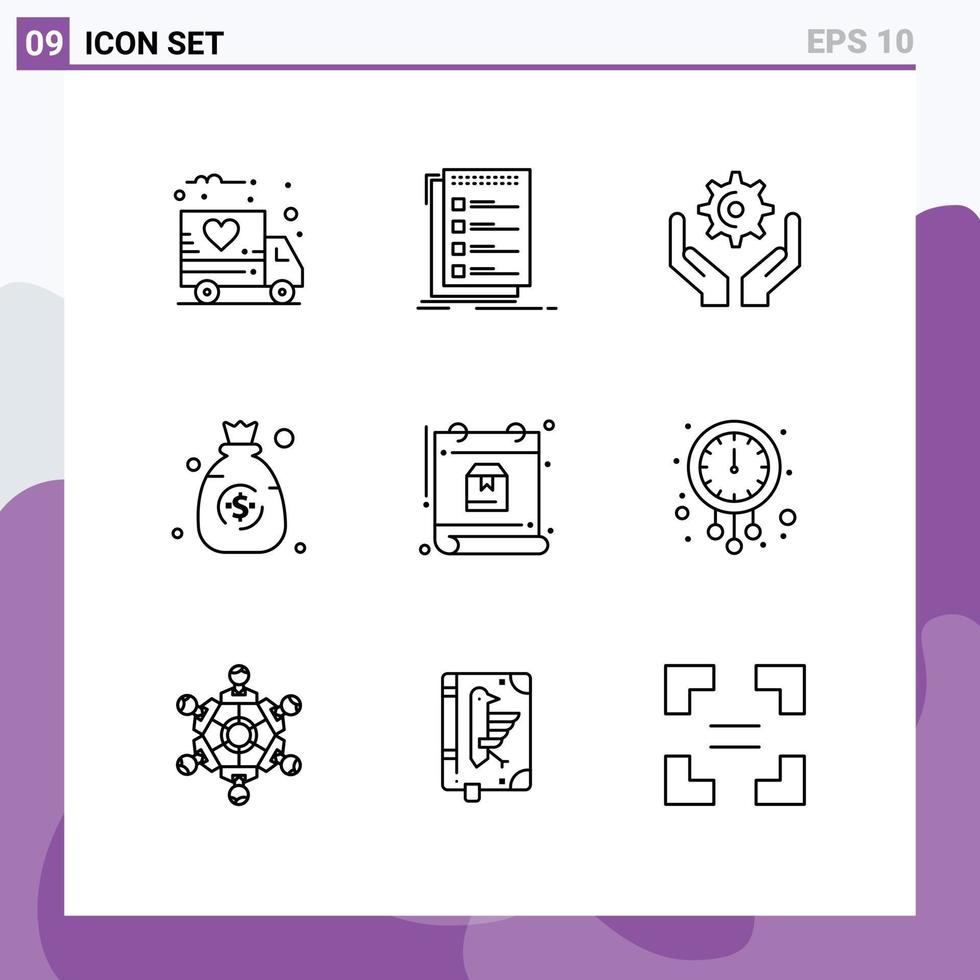 Universal Icon Symbols Group of 9 Modern Outlines of schedule calendar hands money bag Editable Vector Design Elements