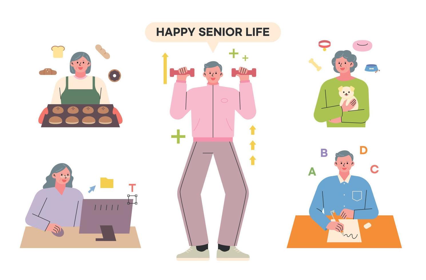 A collection of senior characters who exercise and learn new things for a healthy old age. vector