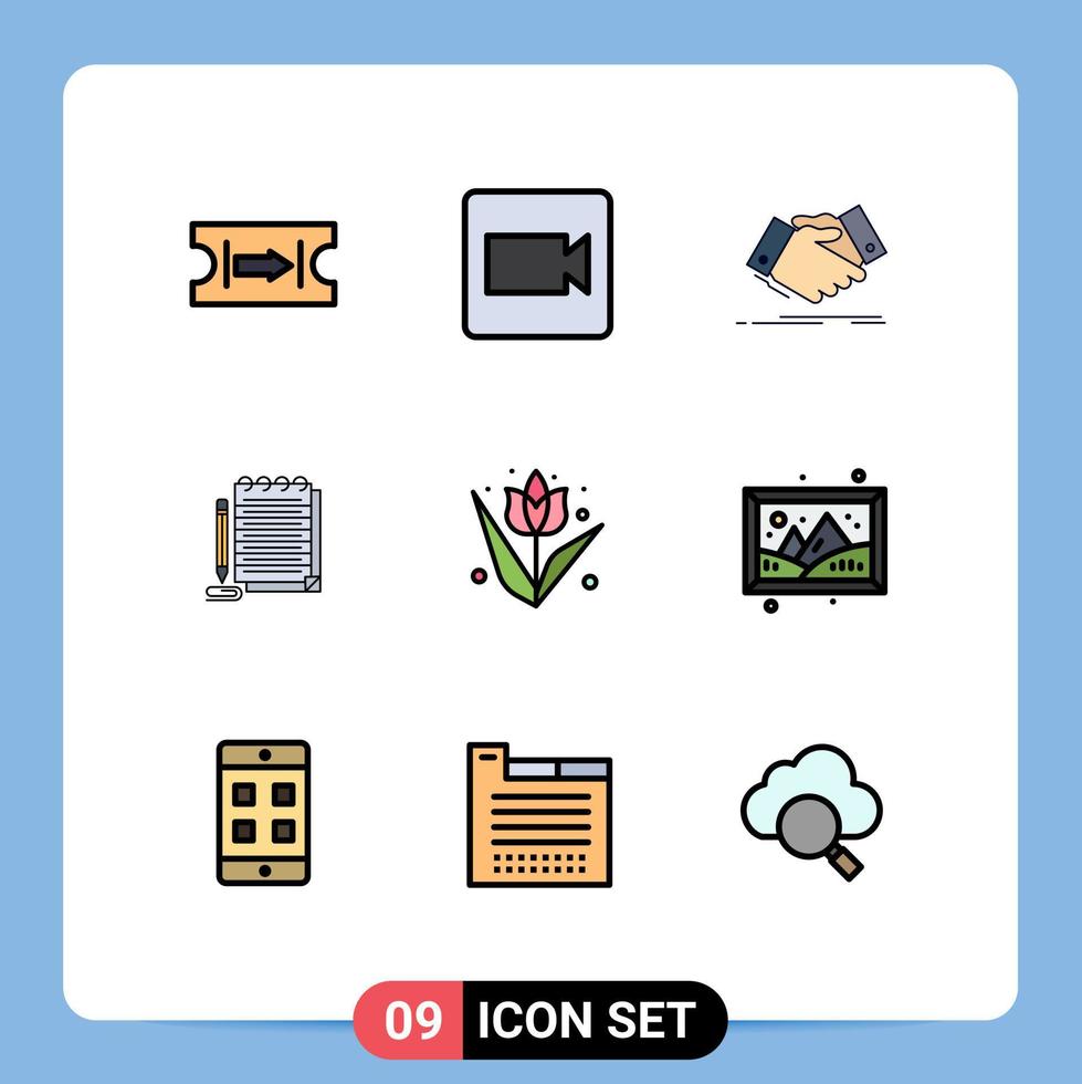 9 Creative Icons Modern Signs and Symbols of flower decoration shaking hand novel notebook Editable Vector Design Elements