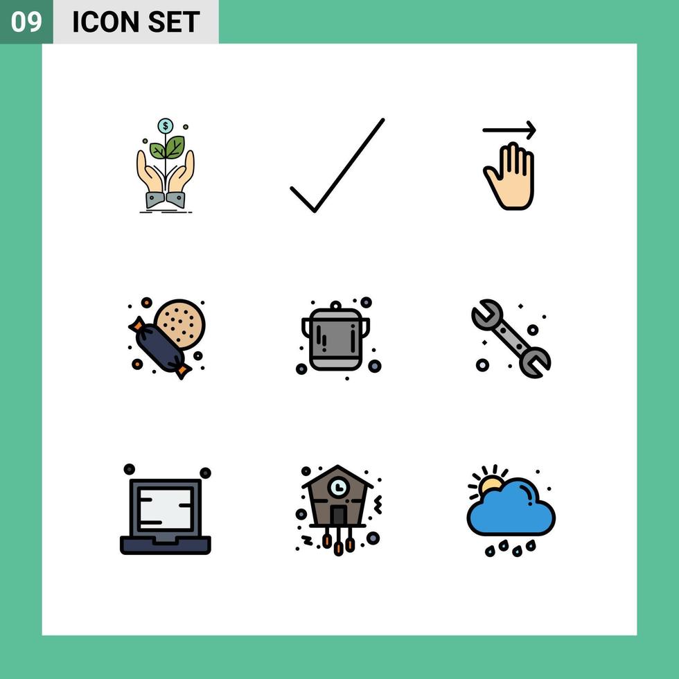 9 Universal Filledline Flat Color Signs Symbols of utensil cooking hand candy supermarket Editable Vector Design Elements