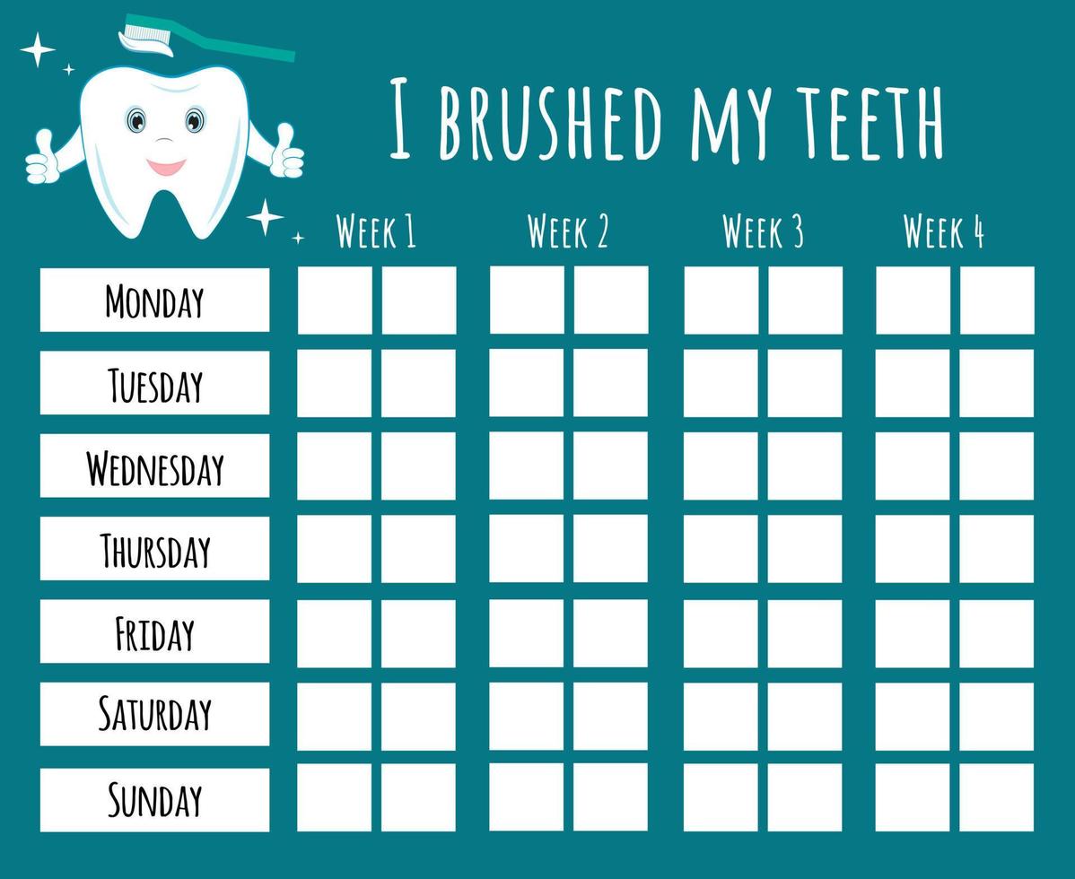 tabla de cepillado de dientes. Letras vectoriales dibujadas a mano con divertidos dientes de dibujos animados. concepto de salud y protección de los dientes. calendario de higiene dental para niños. diseño de folleto de clínica de bebé dentista. vector