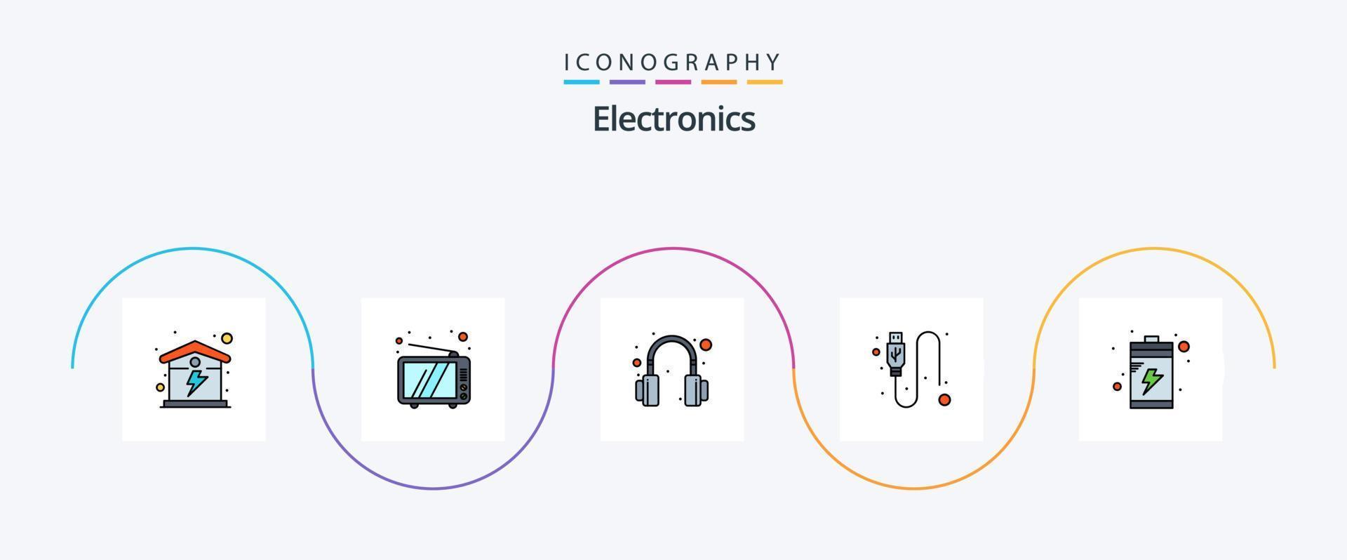 electrónica línea lleno plano 5 5 icono paquete incluso dispositivo. batería. auricular. cable. datos vector