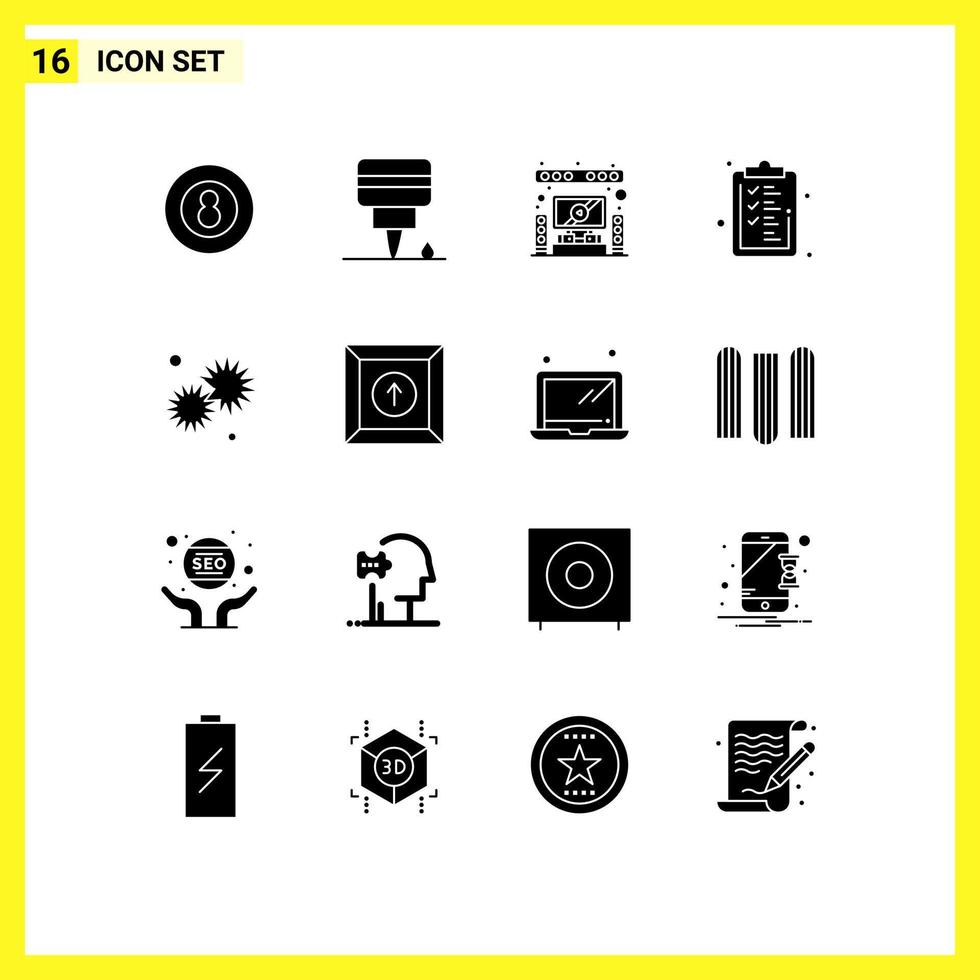 User Interface Pack of 16 Basic Solid Glyphs of shine finance speaker clipboard business Editable Vector Design Elements