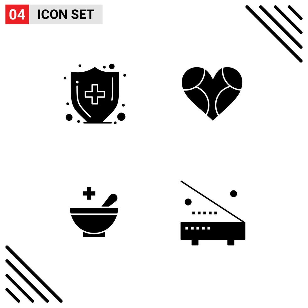 Modern Set of 4 Solid Glyphs Pictograph of health insurance patient heart like devices Editable Vector Design Elements