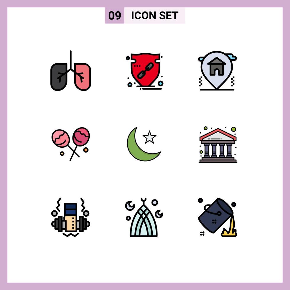 Modern Set of 9 Filledline Flat Colors Pictograph of night night home moon confectionery Editable Vector Design Elements