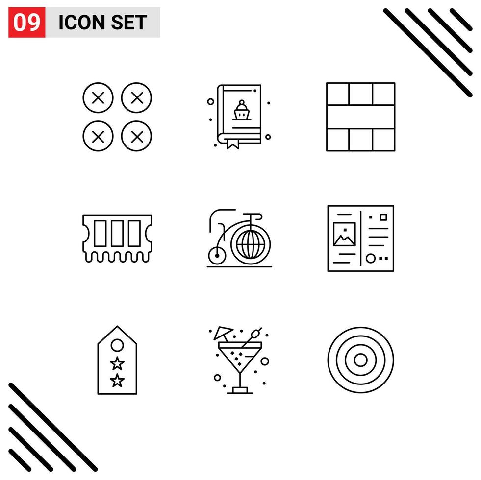 Group of 9 Modern Outlines Set for bike ram frame memory workspace Editable Vector Design Elements