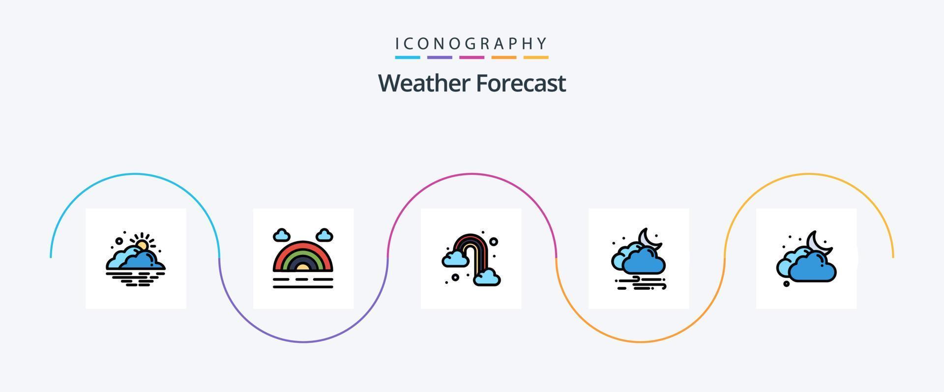 Weather Line Filled Flat 5 Icon Pack Including cloud. moon. rain. windy. weather vector