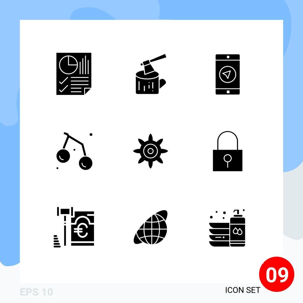 Universal Icon Symbols Group of 9 Modern Solid Glyphs of setting fruit wood summer poniter Editable Vector Design Elements