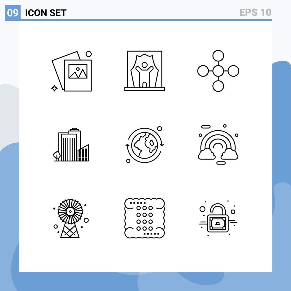 Editable Vector Line Pack of 9 Simple Outlines of earth tower central dormitory building Editable Vector Design Elements