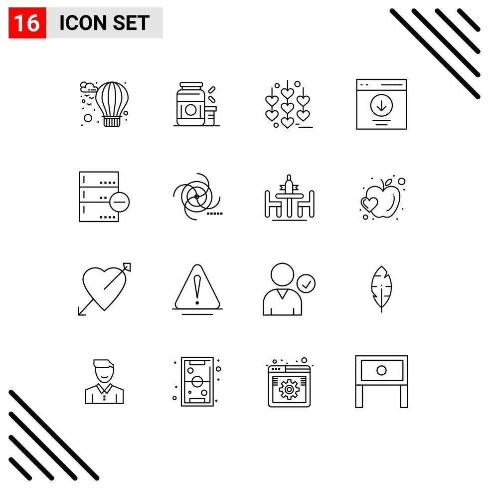 Pictogram Set of 16 Simple Outlines of base user heart message download Editable Vector Design Elements