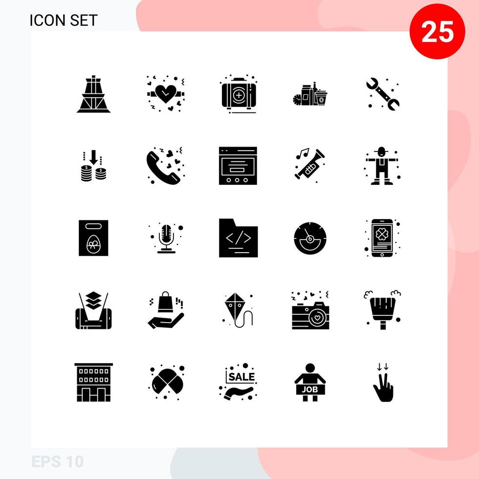 Pack of 25 creative Solid Glyphs of mechanical items emergency milk food Editable Vector Design Elements